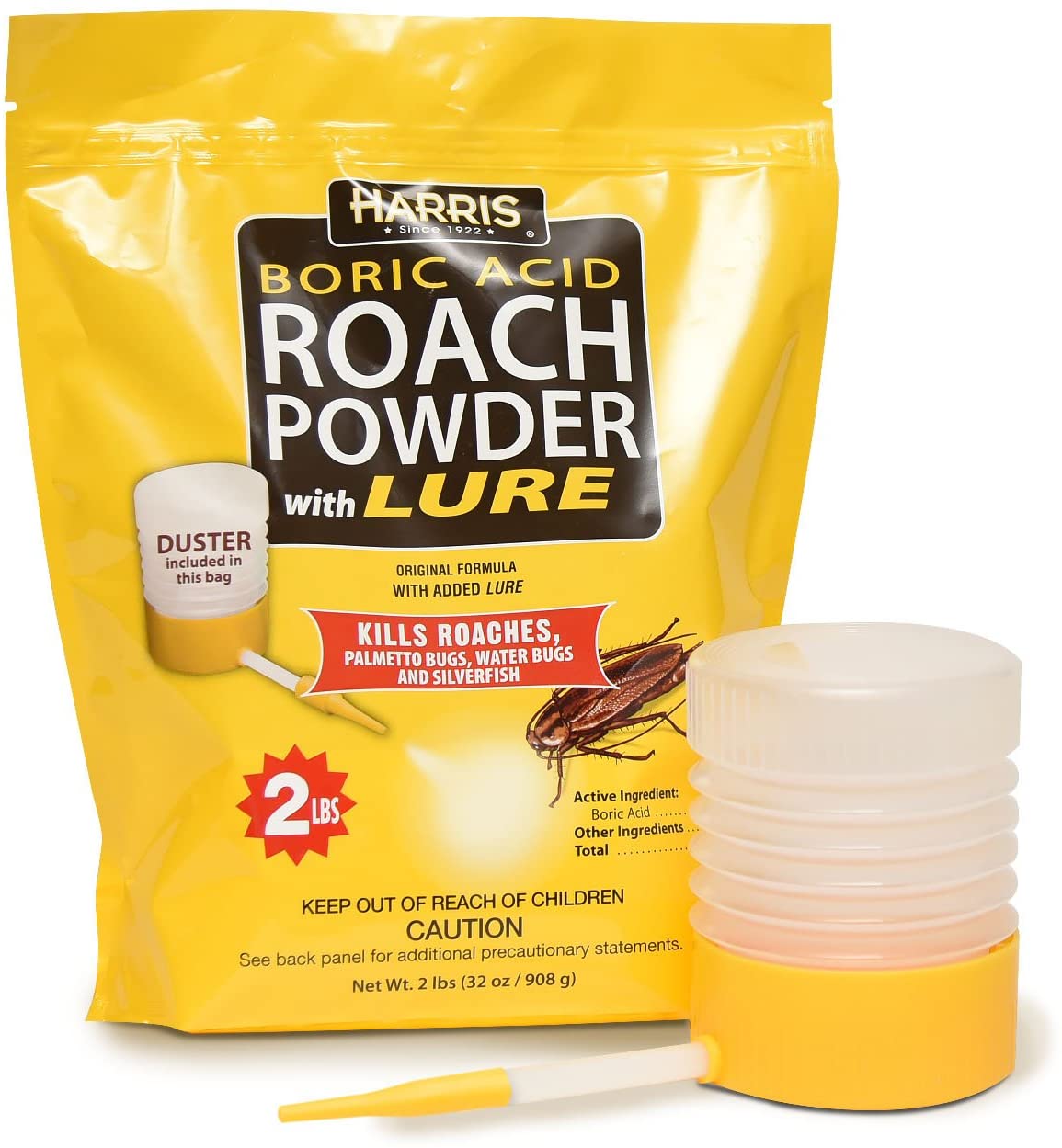 HARRIS Boric Acid Roach and Silverfish Killer Powder w/Lure, Powder Duster Included in The Bag (32oz)